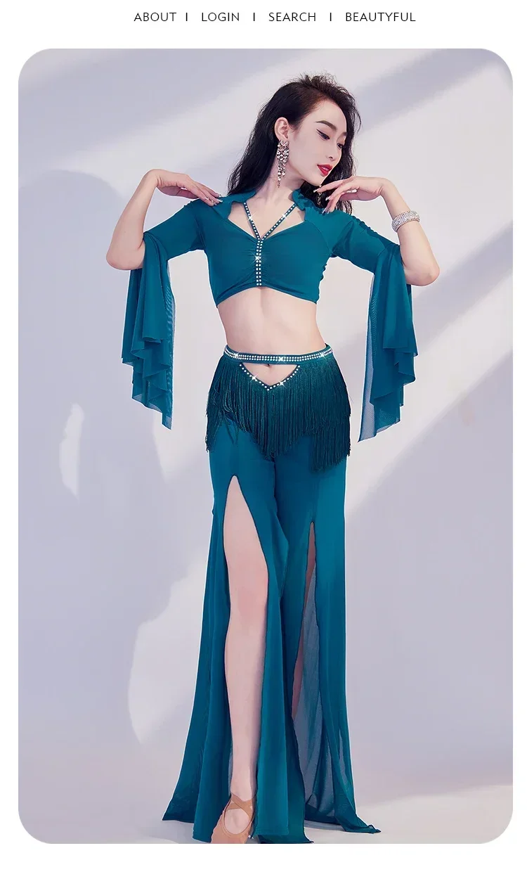 مجموعة ملابس الرقص الشرقي ، توب بأكمام مضيئة ، بنطلون شرابة صناعي ثقيل ، أداء شرقي ، حجر أب ، جديد