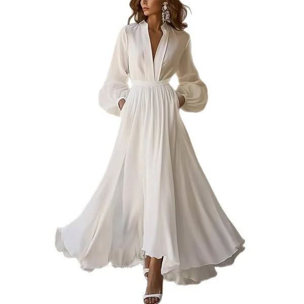 2025 Elegant Long Skirt Women's Deep V Neck Lantern Sleeves White Belt Bow Simple Fashion Midi Dress for Female