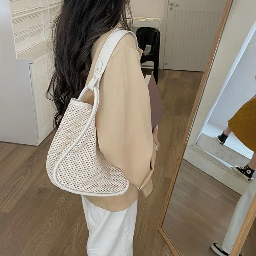 Woven Straw Bag Fashion Large Capacity Leather Handles Underarm Bag Bohemian White Beach Bucket Bag