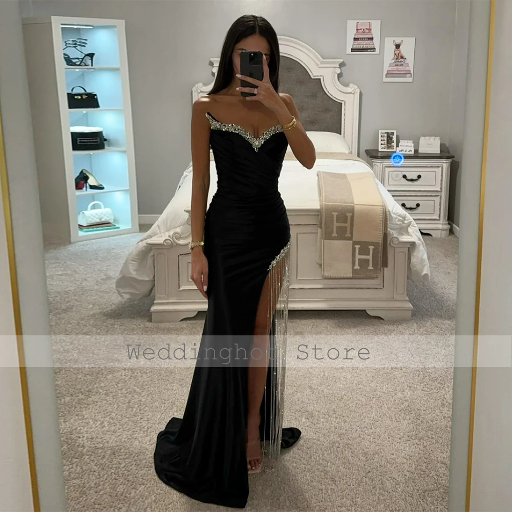 Black Spandex Evening Dresses for Women Crystal V Neck Mermaid Evening Gowns Long Sparkle Tassel High Split Sexy Party Dress