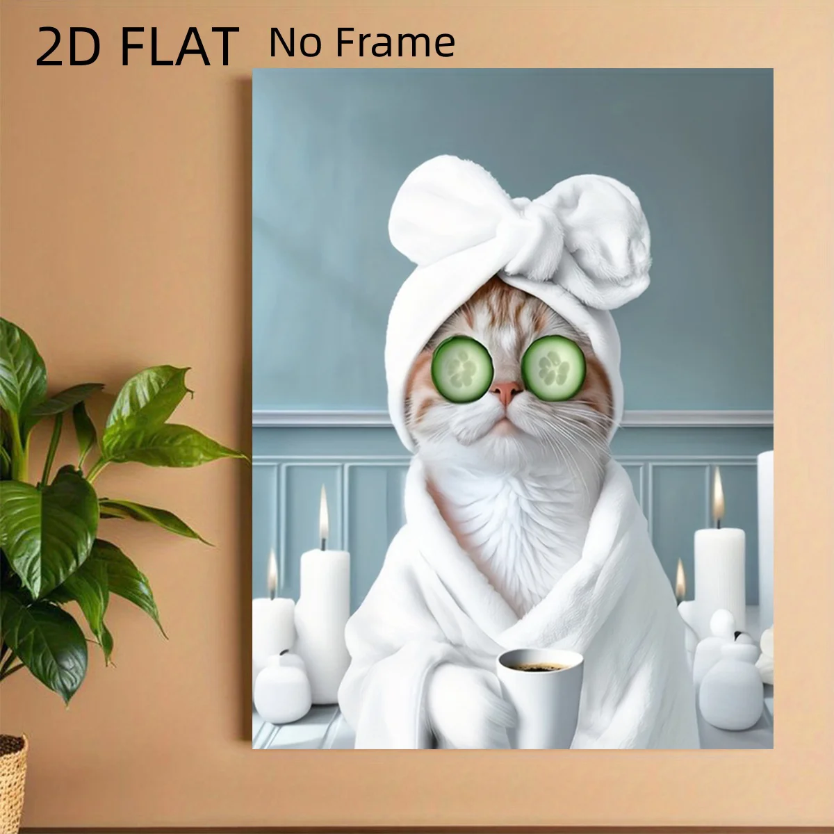 Impresión de arte mural con un gato sereno sosteniendo un pepino, en formato plano 2D: ideal para baños con temática de gatos, un lienzo sin marco con un diseño humorístico para decorar.