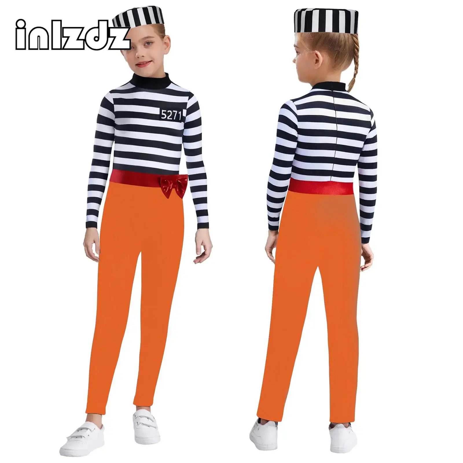 

Girls Prisoner Role Play Outfit Halloween Jailbird Inmate Costume Uniform Long Sleeve Stripes Jumpsuit+Prisoner Hat 2-piece Set