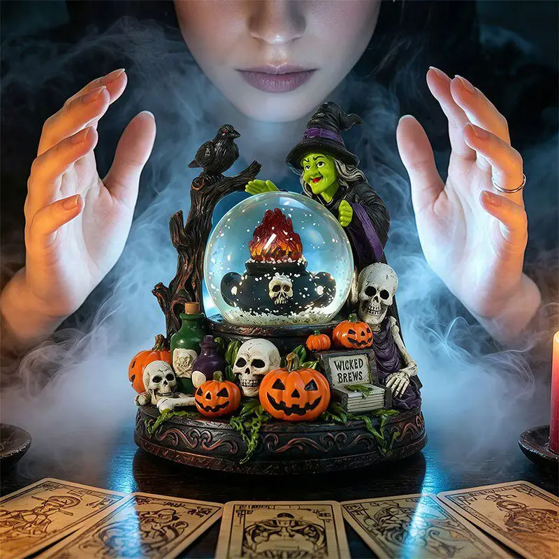 Halloween witch crystal ball resin ornament, skull pumpkin head tabletop decoration