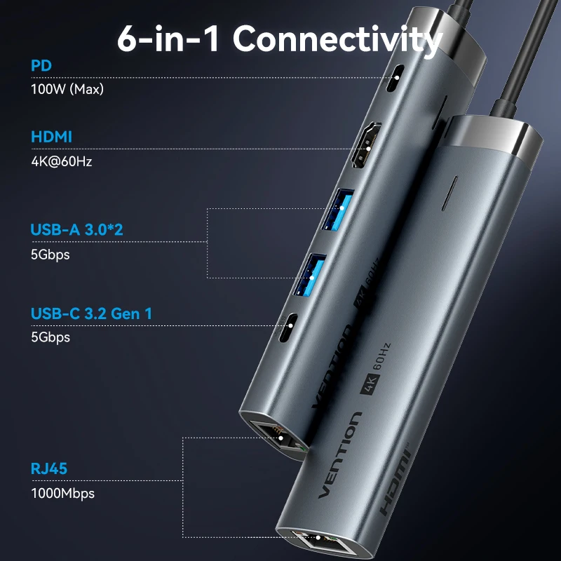 Vention جديد 6 في 1 USB 3.0 Type C 100W HUB 4K 60 هرتز إلى HDMI RJ45 الفاصل محول لرسو السفن لماك بوك باد سامسونج شياو الكمبيوتر المحمول