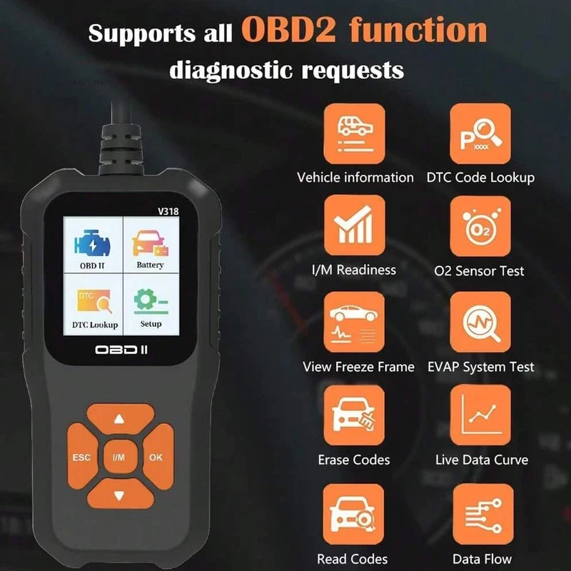 V318 OBD2 Scanner Color Screen Diagnostic Tool Multilingual Engine Fault Code Reader Battery Tester Full-Function Diagnostic