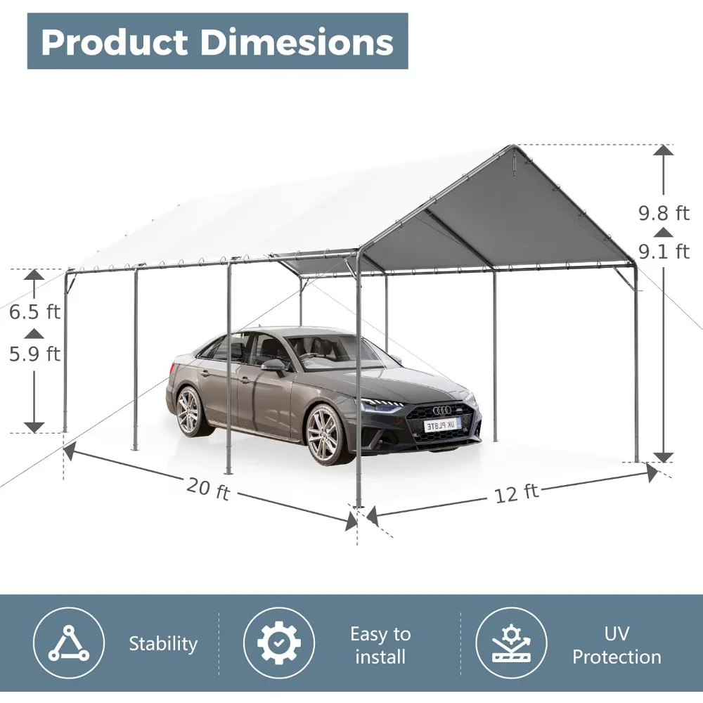 12’ X 20’ Heavy Duty Car Canopy with Powder-Coated Steel Frame, Portable Car Canopy Party Tent Garage Boat Shelter, Waterproof