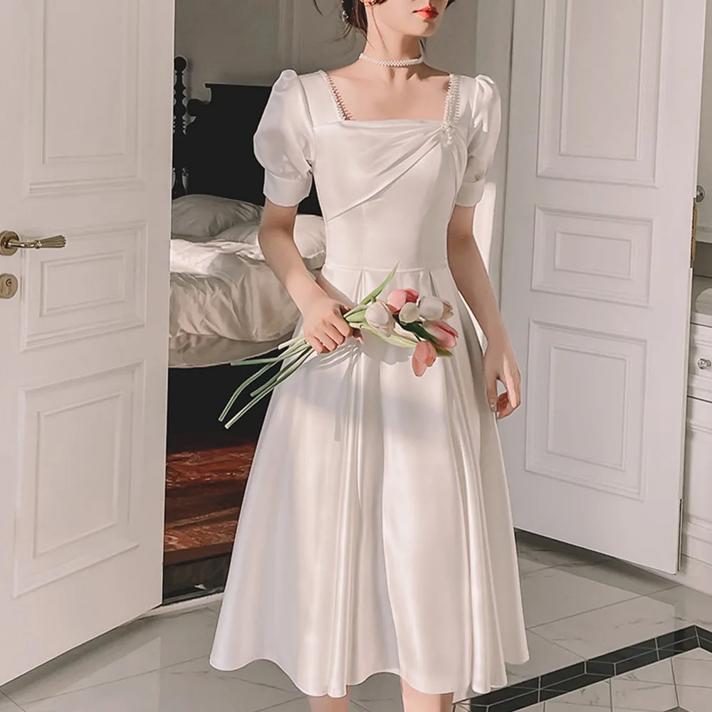 Simple Short Wedding Dress Dignified Puffy Short Sleeves Vintage Square Collar Bridal Gown Classical Mid-Calf Bride Dress SWD380