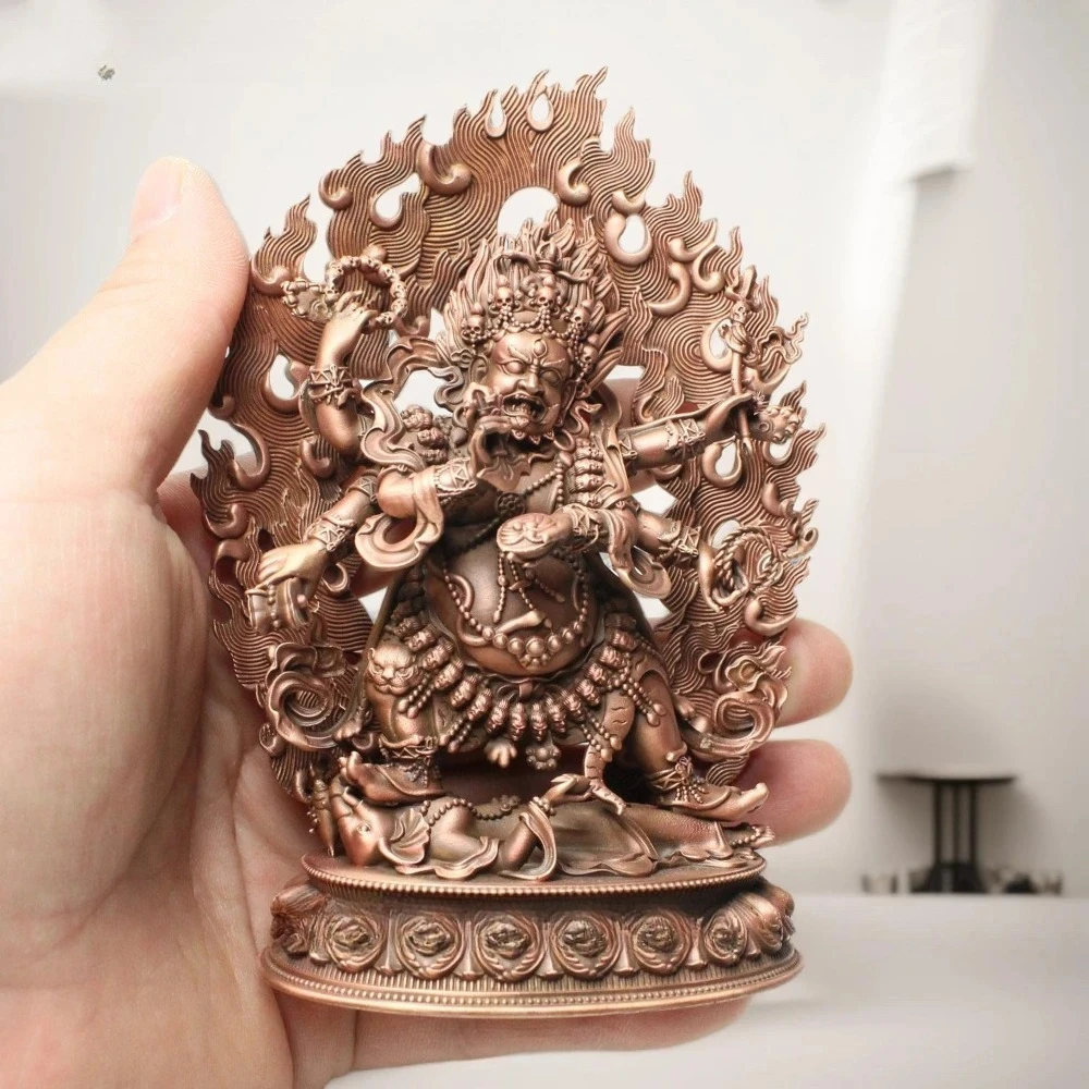 12cm Red copper Carving Six-arm Mahakala buddha statue Nepal Tibet God of wealth sculpture