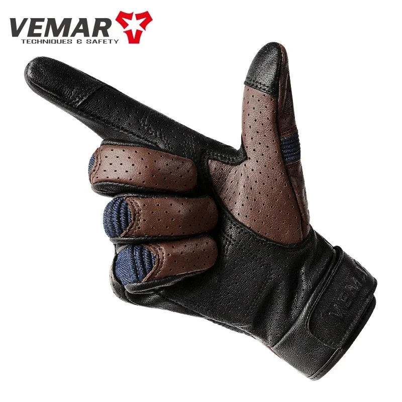 VEMAR Sheepskin Denim Fabric Motorcycle Gloves Summer Retro Breathable Genuine Leather Riding Guantes Motocross Motos Accessorie