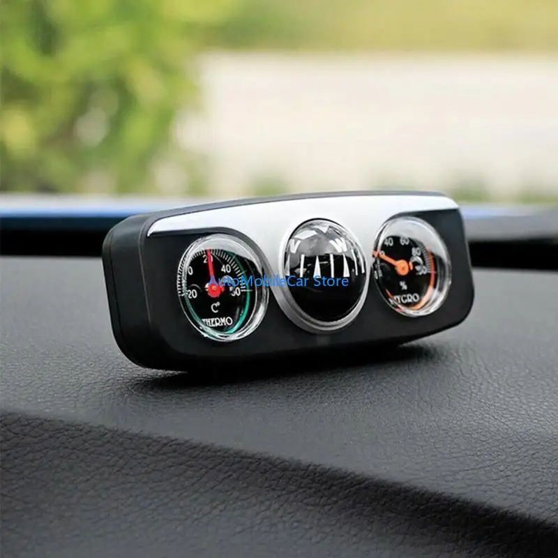G8TE 3in1 ABS Adhesive Auto Car Triple Gauge Set Hygrometer Thermometer Convenient Navigation Ball