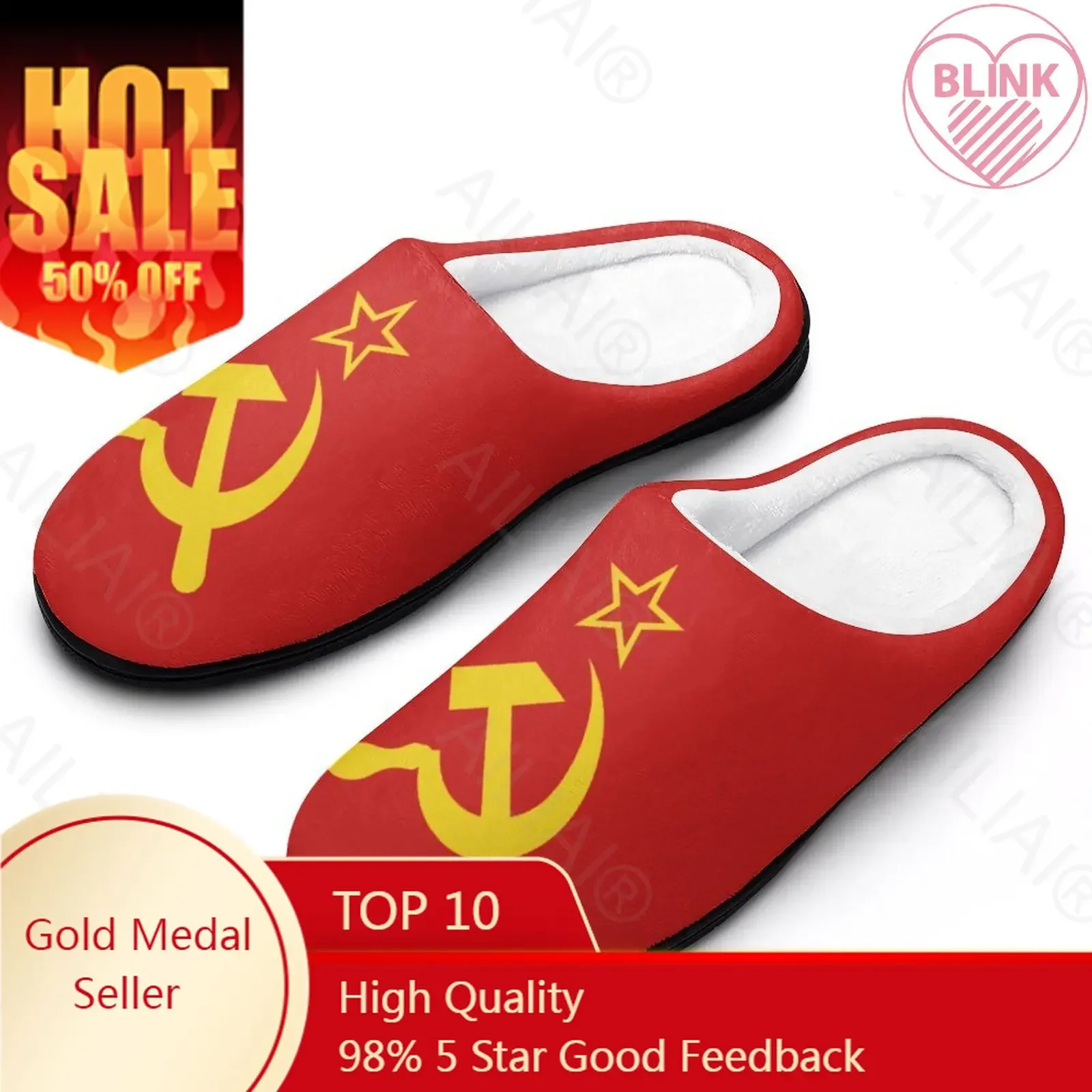 

Soviet Union CCCP USSR Flag Russia Hammer Sickle Sandals Plush Casual Keep Warm Shoes Thermal Mens Womens Slipper WinterCotton