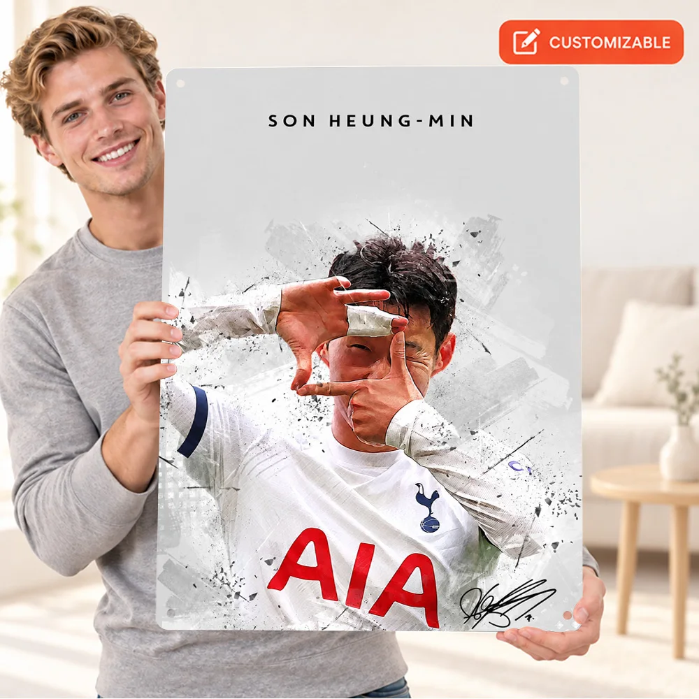 Son Heung-Min Football Player Printed Poster Customized Aluminum Metal Sign Graphic Portrait Wall Art For Bedroom Collector Gift