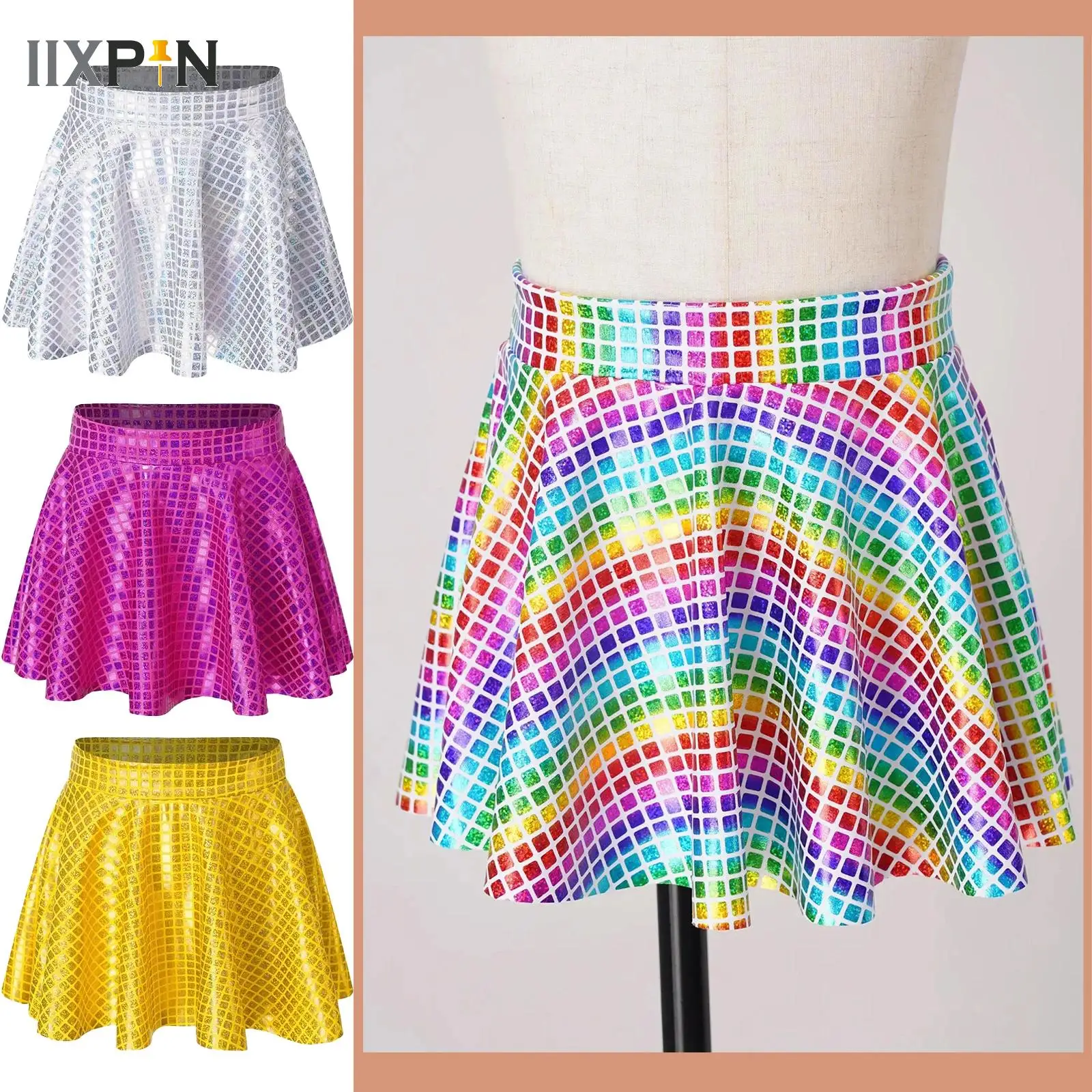 

Kids Girls Jazz Dance Skirts Shiny Sequins Bottoms Dancewear Metallic Pleated Miniskirts Shorts Childs Party Performance Costume