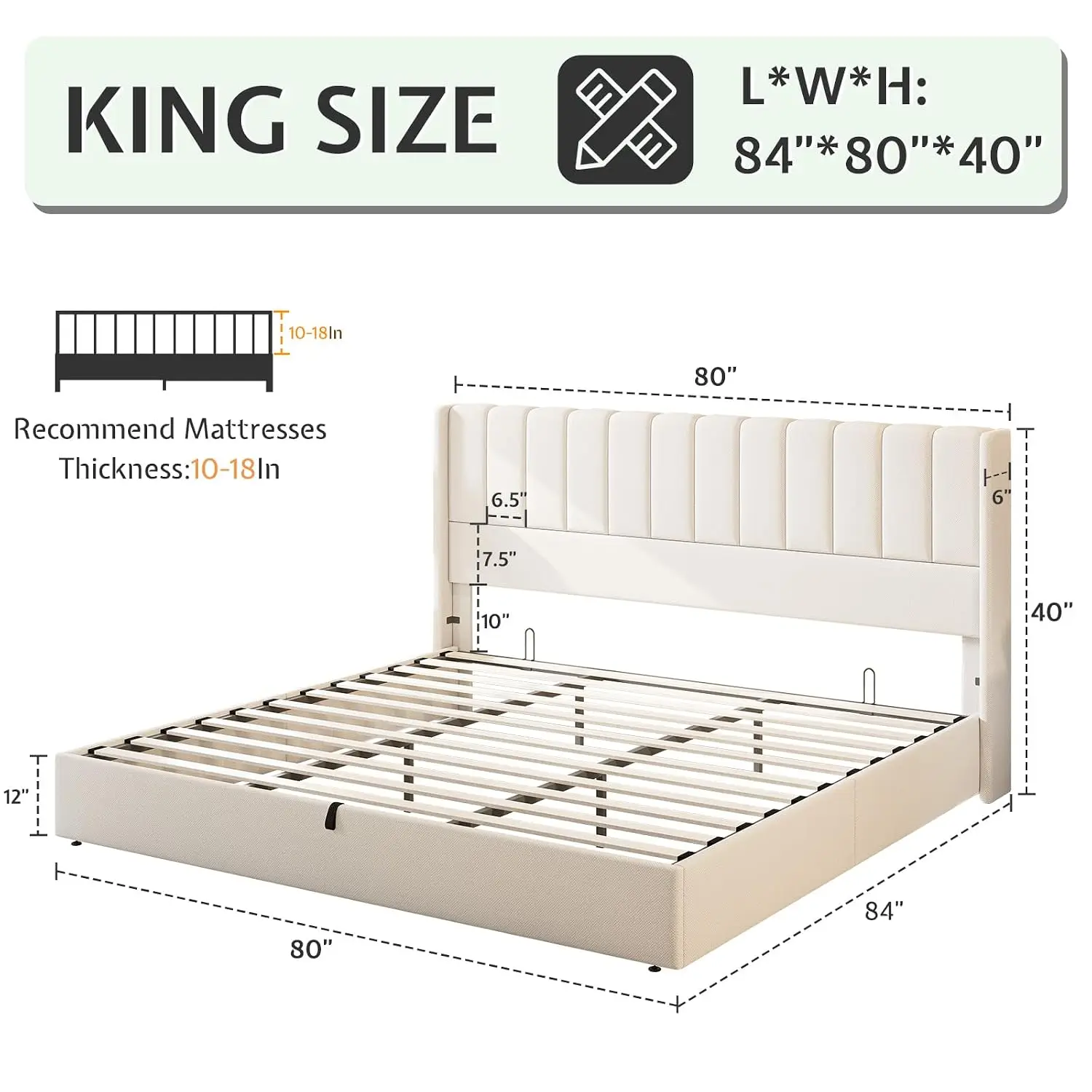 Linen Wingback Upholstered Storage Bed King, Hydraulic Lift EVA Noise Reduction 1000 Lbs Support, Customized