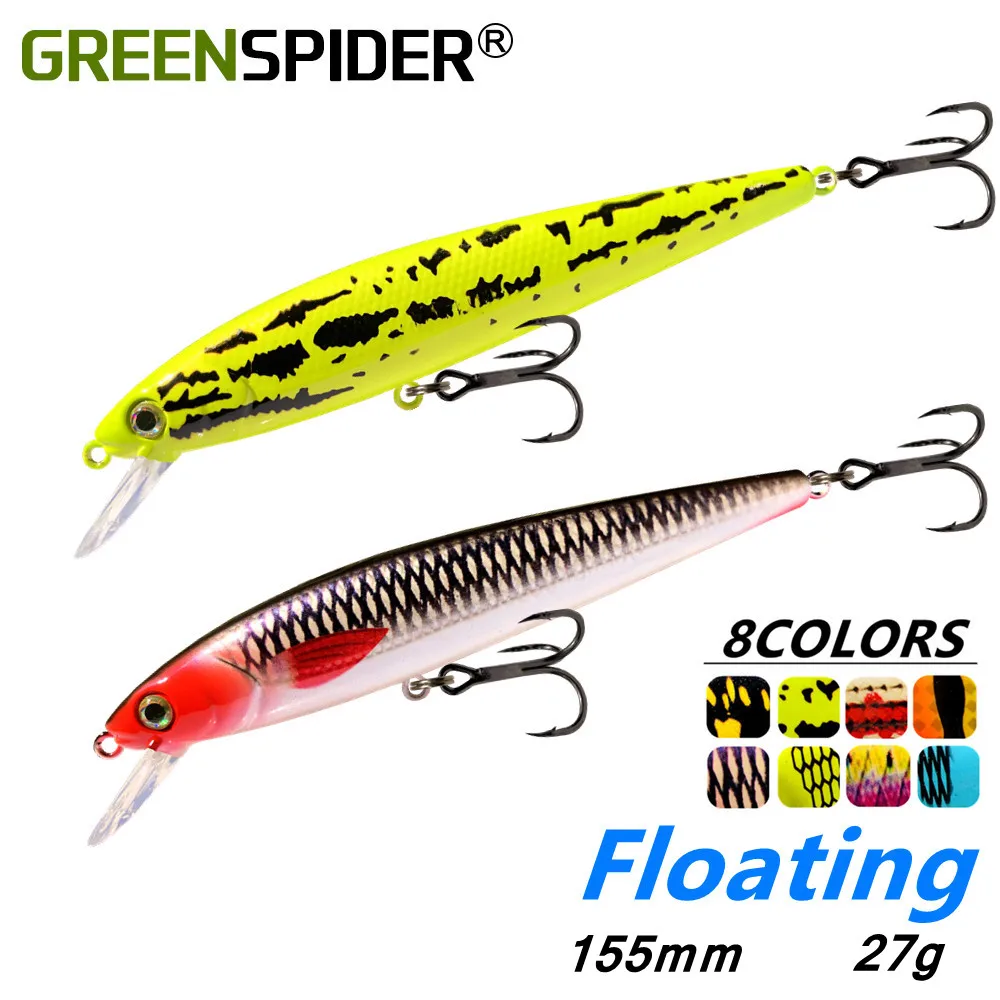 

GREENSPIDER 2022 New Floating Minnow Fishing Lure 155mm/27g Professional Hard Crank Bait Artificial Fishing Wobblers Pike Bass