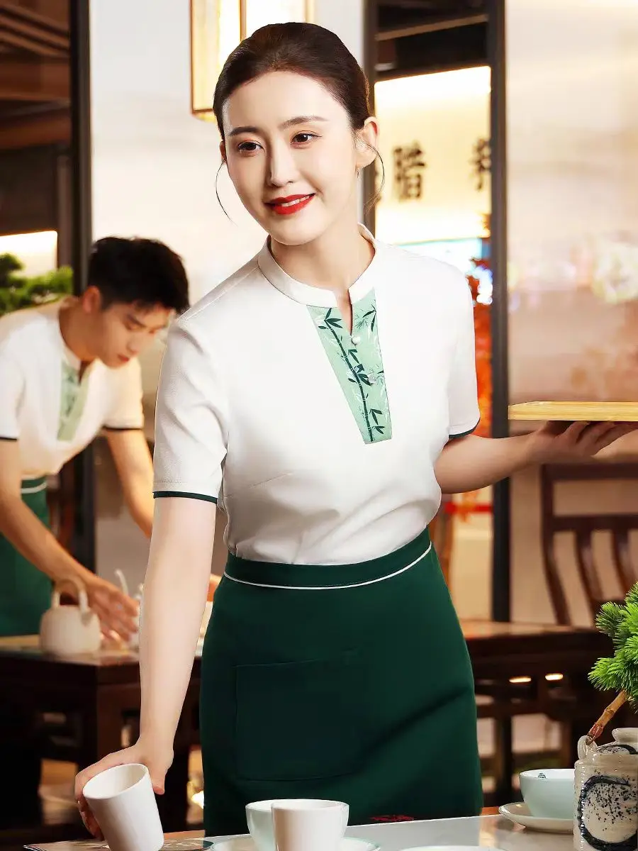 レストラン、ウェイターの作業服、半袖、ホテルのホットポット、teahouseレセプション、送料無料のオリエンタルユニフォーム
