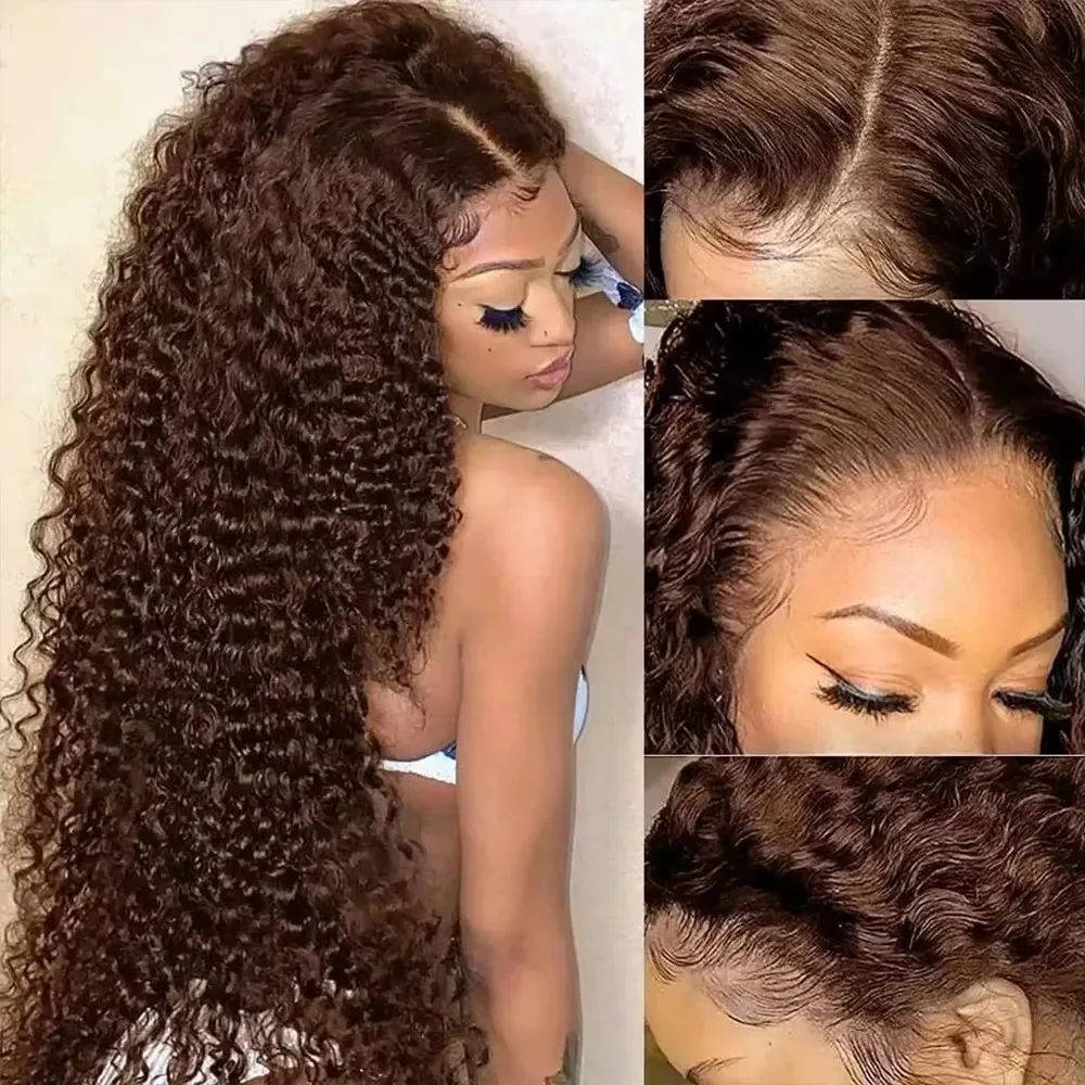 Chocolate Brown Deep Wave Frontal Wig Colored #4 Deep Curly Lace Front Human Hair Wigs Remy 13x4 HD Lace Frontal Wigs For Women