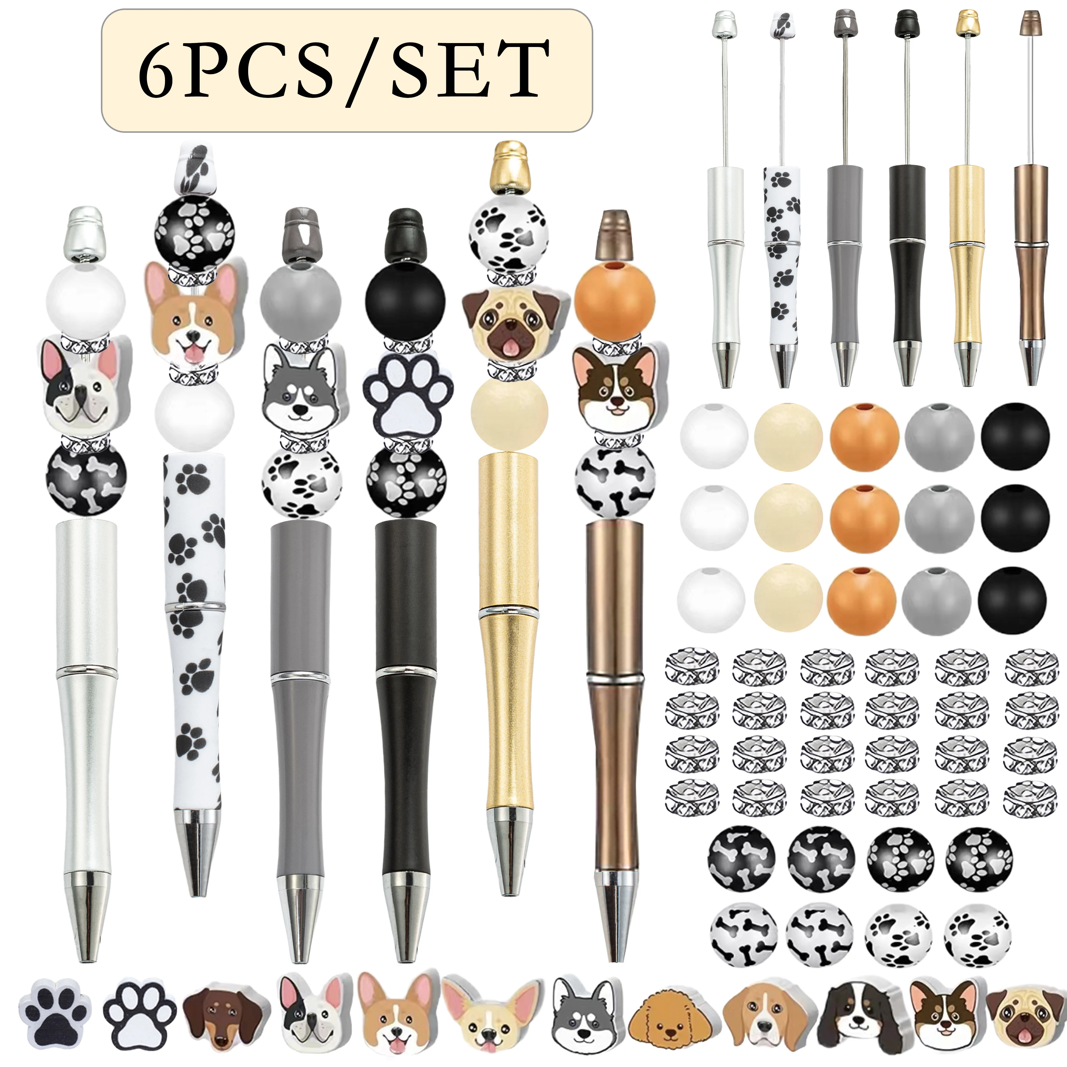 6PCS/SET Creative Cute Dog Styling Dog Claw Pattern DIY Wooden Bead Bead Ball Pen Set，Suitable for DIY Office and School Writing