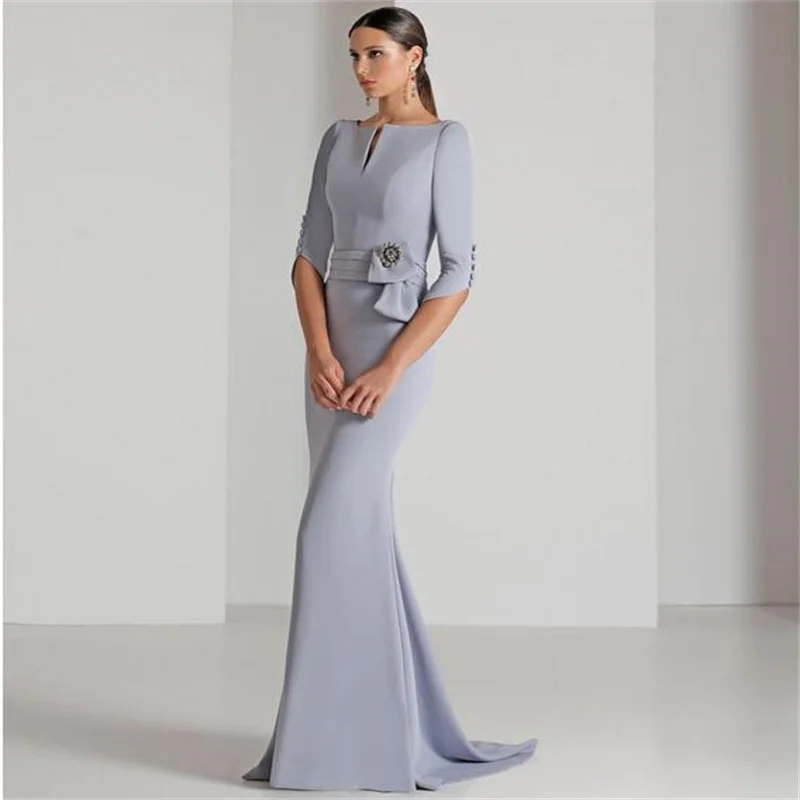 MULONG Elegant Gray  Mother of the Bride Dresses Mermaid Wedding Party Gowns Half Long Sleeve Formal Dress For Mom Groom