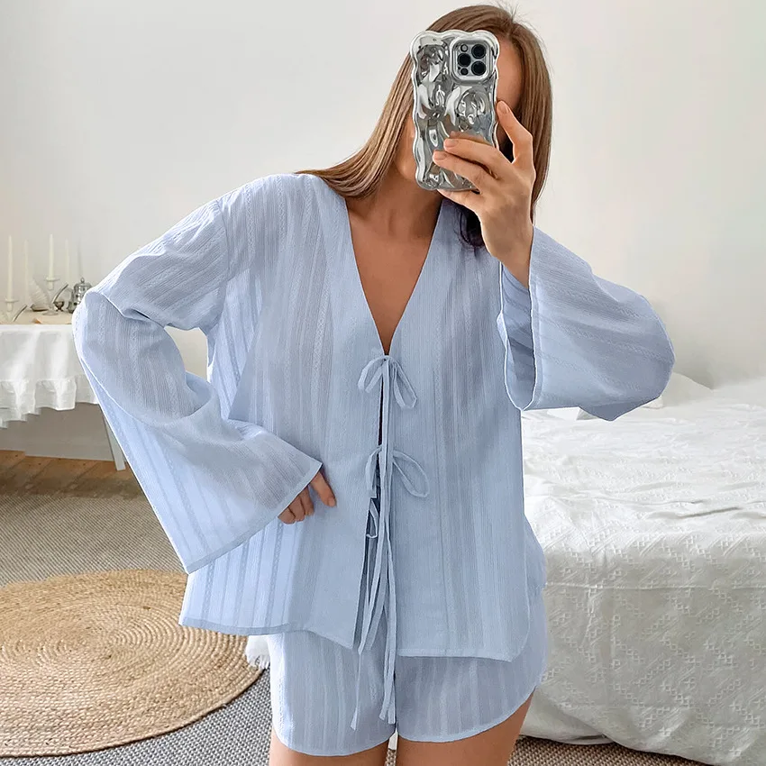 Female Long-Sleeved and Short-Pants Pajamas Women 2 Pieces Suit Set Loose Comfortable Pure Cotton with Jacquard and Breathable