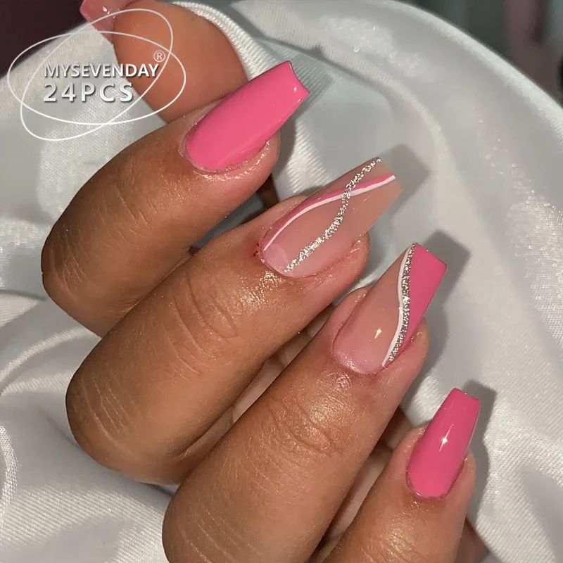 24pcs Rose Red Silver Powder Stripes Almond French Style Press on Nails Pink 3D Fake Nails Full Cover Wearable False Nails