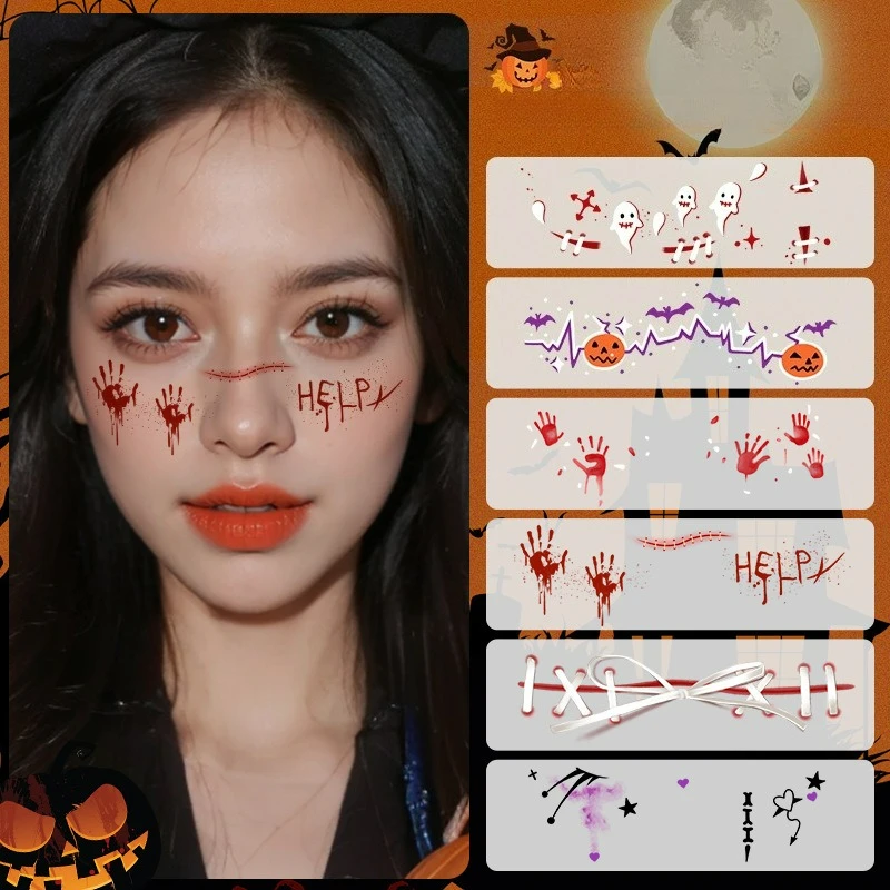 

Halloween face tattoo sticker pumpkin ghost bloodstained face Temporary tattoo stickers