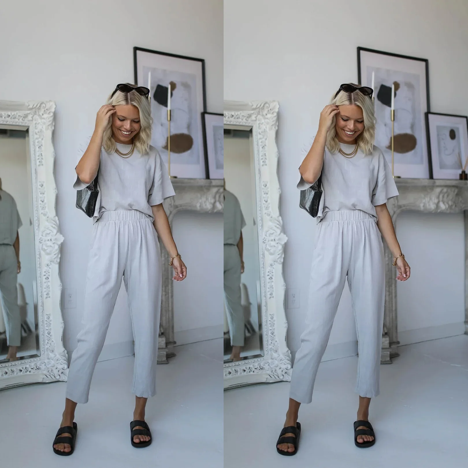 

Женский комплект из двух предметов для отдыха, майка без рукавов, жилет и свободные брюки с высокой талией, домашний свободный комплект