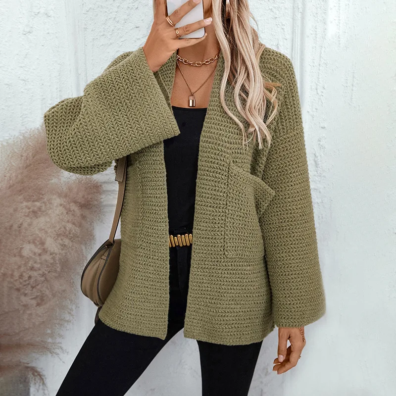 Women's Autumn/Winter New Mid To Long V-Neck Solid Color Cardigan Knitted Sweater