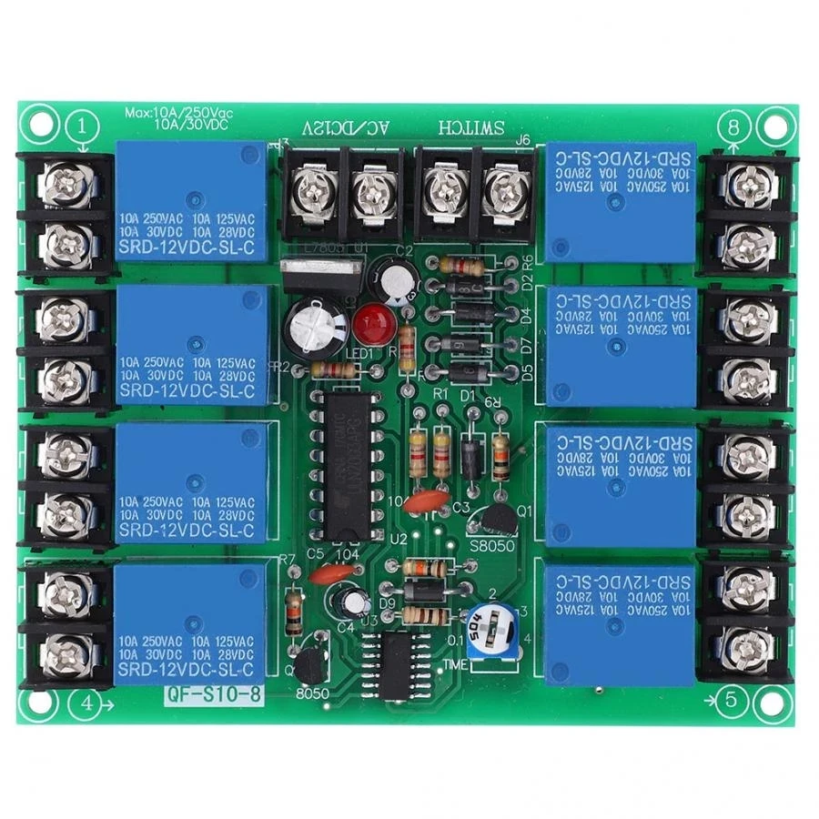 8 canais placa de seqüência de tempo de energia 0.2-4s ajustável módulo controlador sequencial placa de seqüência de tempo de energia