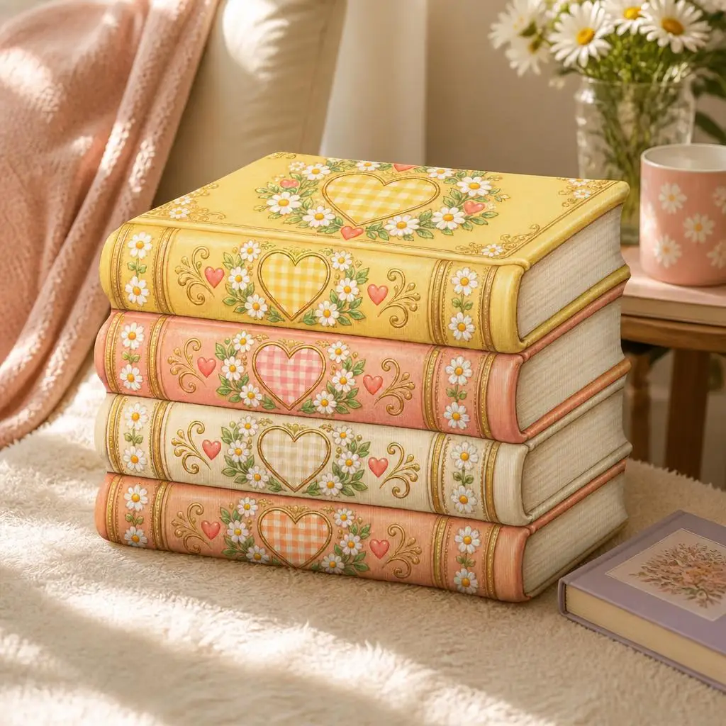 Book Lover Stack of Books Plush Pillow Romance Reader Cushion Cottagecore Heart Floral Throw Pillow Sofa Home Decor Gift