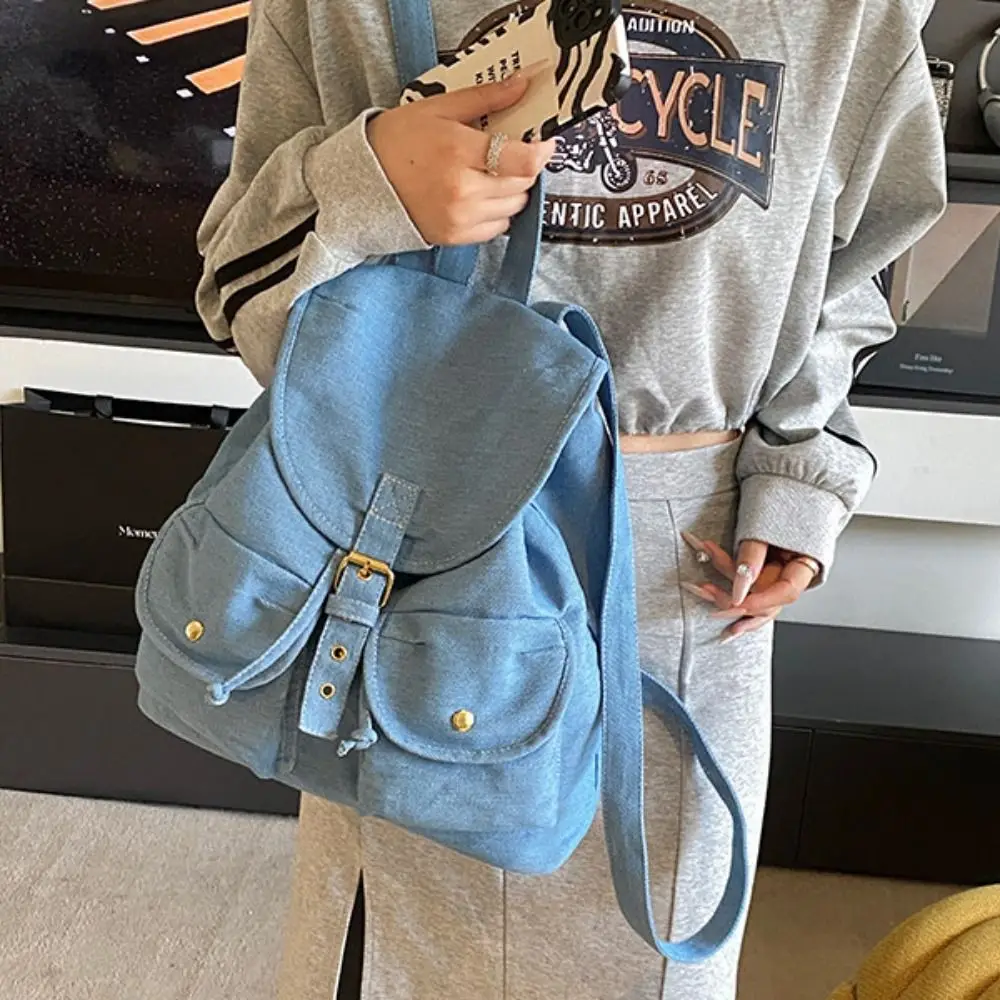 Korean Style Denim Drawstring Backpack Large Capacity Multi-pocket Oxford Cloth Shoulder Bag Versatile Waterproof