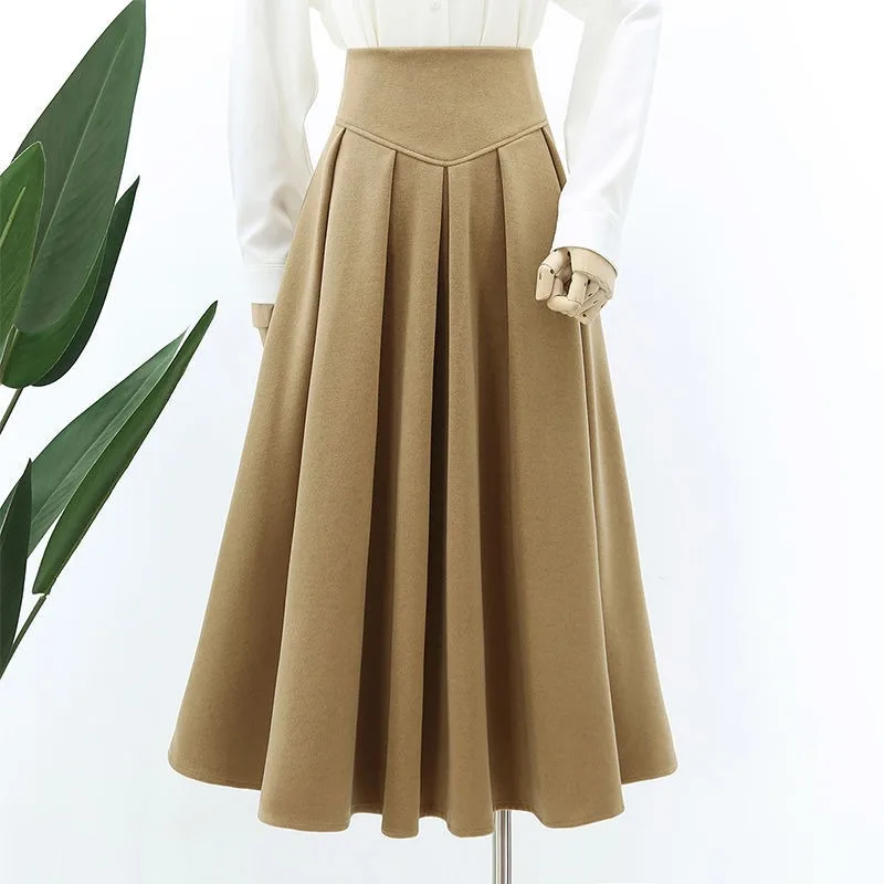 Winter Woolen for Women Autumn Winter Drapey High Waist Slimming Long Covering the Crotch Pleated Skirt