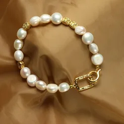 14k Gold Plated 8-9mm Baroque Natural Freshwater Pearl Bracelets Women's Hand Bracelet Christmas New Year Jewelry Gift Wholesale
