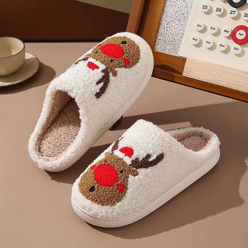 Christmas Elk Warm Cotton Slippers Women Winter Comfortable Home Slides Cute Furry Reindeer Warm Plush Sandals for Men Women