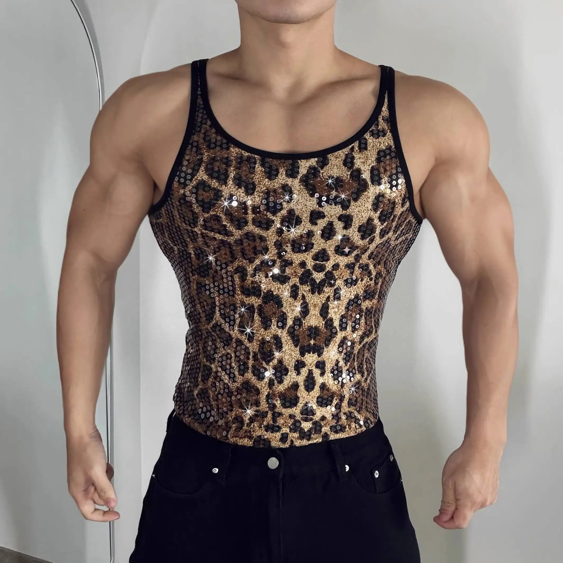 

Glossy leopard sequin sexy fitness party club tank top Vintage plus size sports t shirt vest