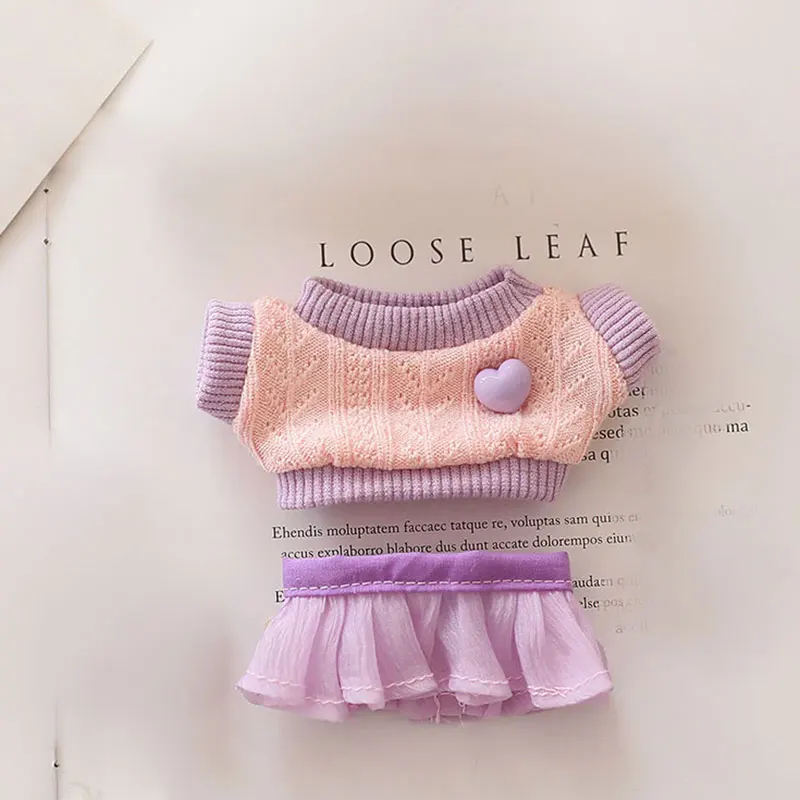Vêtements de poupée en peluche faits à la main, couleur unie, chapeau décontracté, pull en tricot, jupe en fil, ensemble doux pour accessoires de vêtements Labubu de 17cm