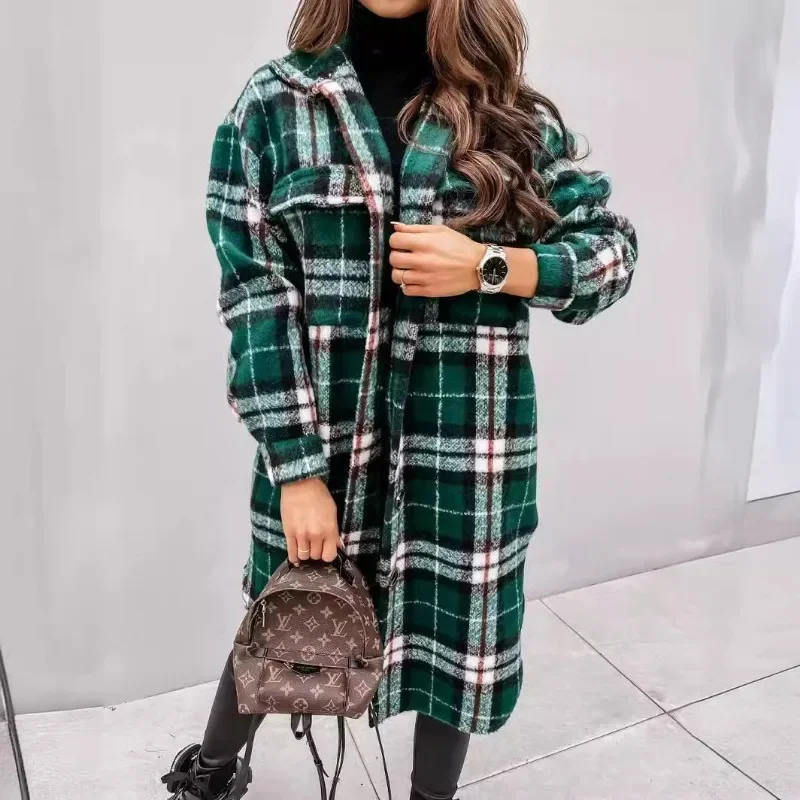 Medium and Long Woolen Coat Jackets Spring and Autumn Shirt Wool Coats Women\'s Plaid Polished Long Sleeve Pockets Blends Outwear