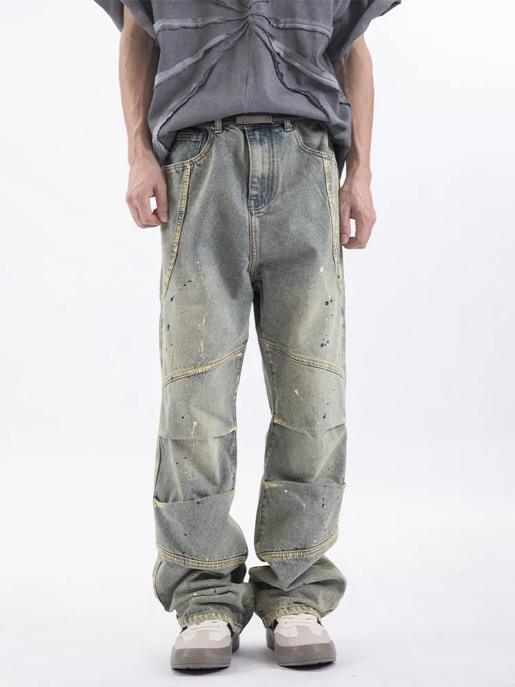 

American Retro Pleated Splatter Denim Jeans Men's Loose Straight Leg Long Trousers Wide Leg High Street Sle Casual Jeans