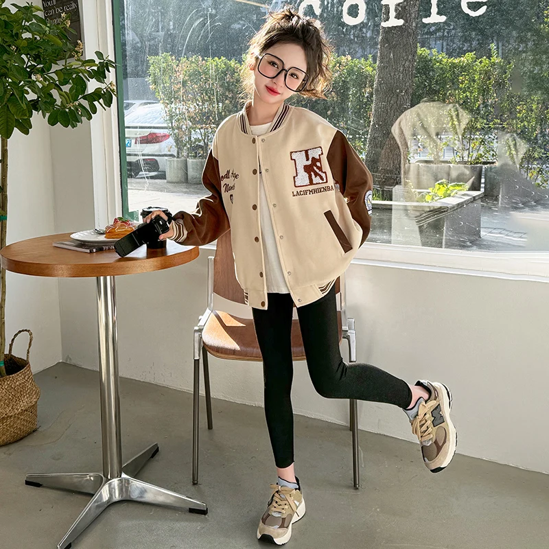 6 8 10 12 14 teenage girls cotton baseball jacket junior kid embroidery letter casual coat manteau enfant fille overcoat giacche