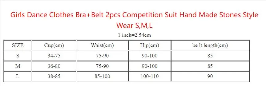 Girls Dance Clothes Bra+Belt 2pcs Competition Suit Hand Made Stones Style Wear S,M,L