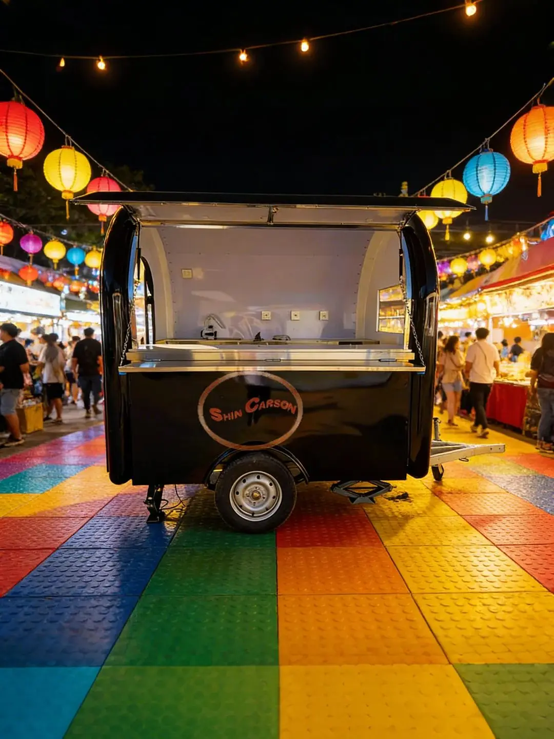 

Outdoor Food Trailer All-Black Body with Large Sales Window Flexible Mobile Design for Food Business