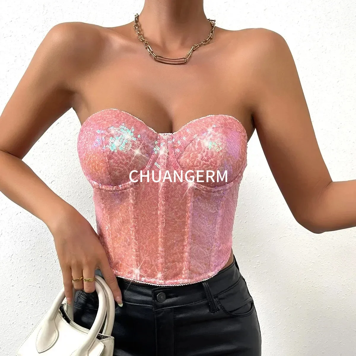 CHUANGERM Sexy Sequin Lace Up Shell Corset Women's Strapless Backless Off Shoulder Slim Waist Cinching Vest 2026 New Lady Tops
