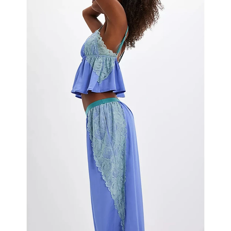 

HEZIOWYUN Womens Y2k Satin Silky Set Floral Lace Patchwork Ruffle Babydoll Cami Top + Button Elastic Waist Long Pants Loungewear