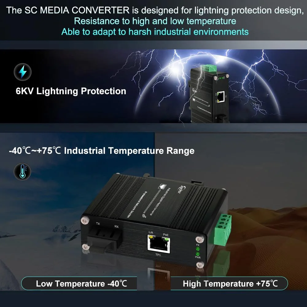 Industrial Fiber Media Converter 1RJ45 1SC Din Rail 10/100/1000Mbps Gigabit Ethernet Switch (PoE)