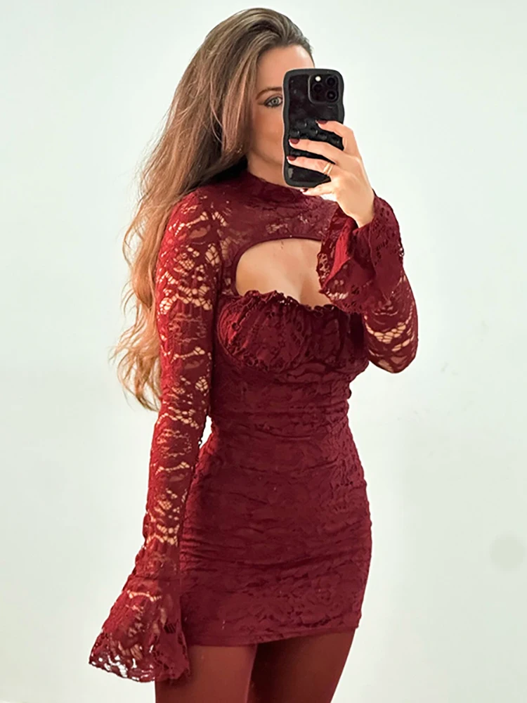 

Fantoye Turtleneck Sexy Hollow Out Lace Women Dress Black Flare Sleeve A-line Dress Femme Spring Skinny Elegant Party Club Dress