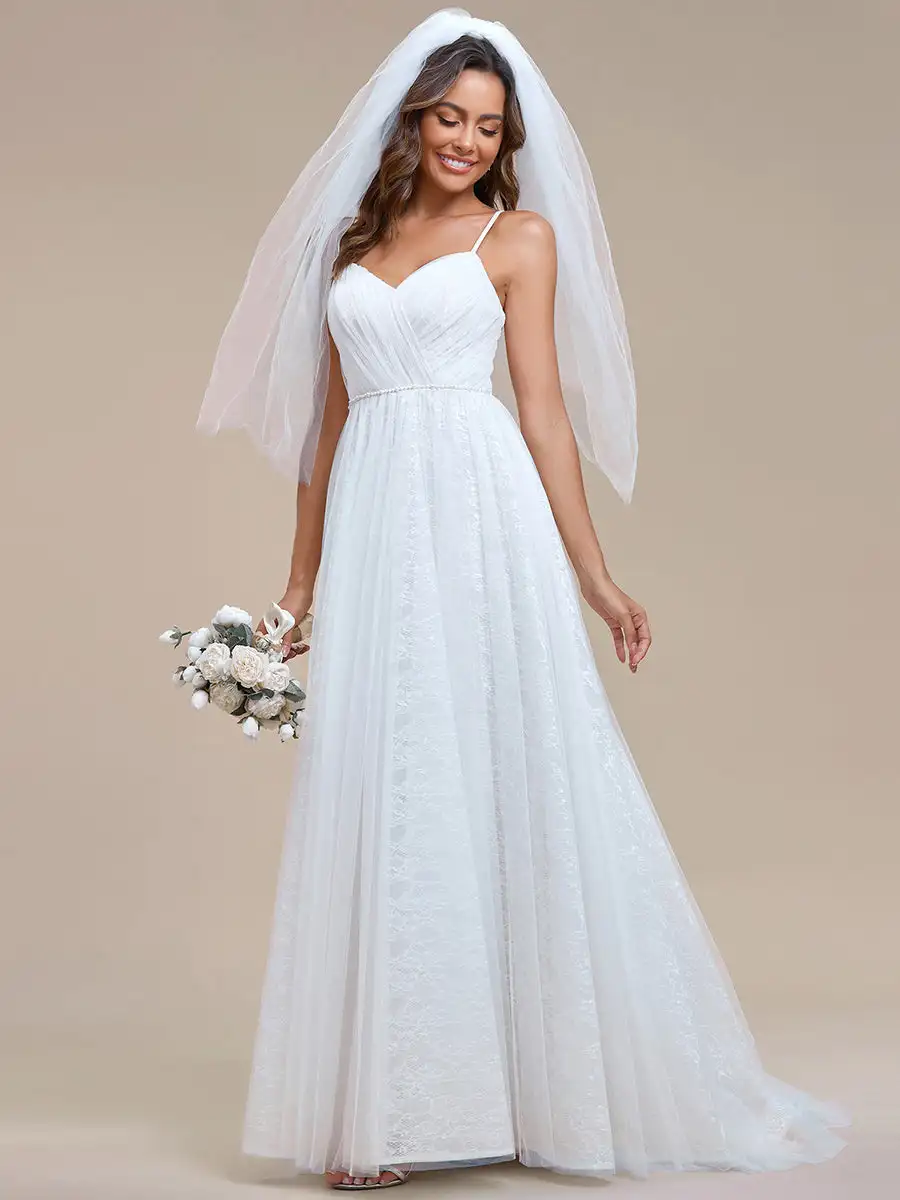 

BAZIIINGAAA Elegant Spaghetti Straps Lace Mesh Wedding Dresses