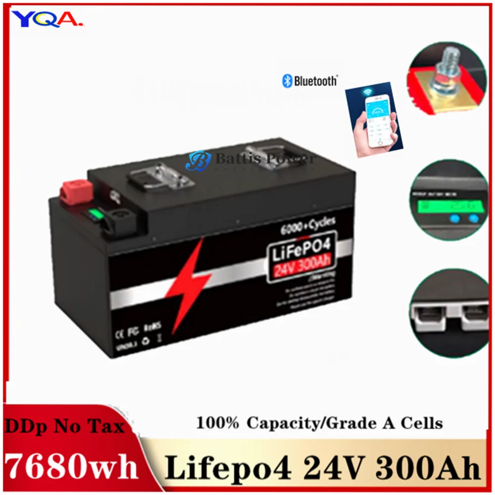 LiFePO4 Battery 24V 300Ah 200Ah 100Ah Buletooth BMS 12.8V 25.6V 6000+ Cycles Grade A Cells For RV Boat Solar EU UKR Delivery