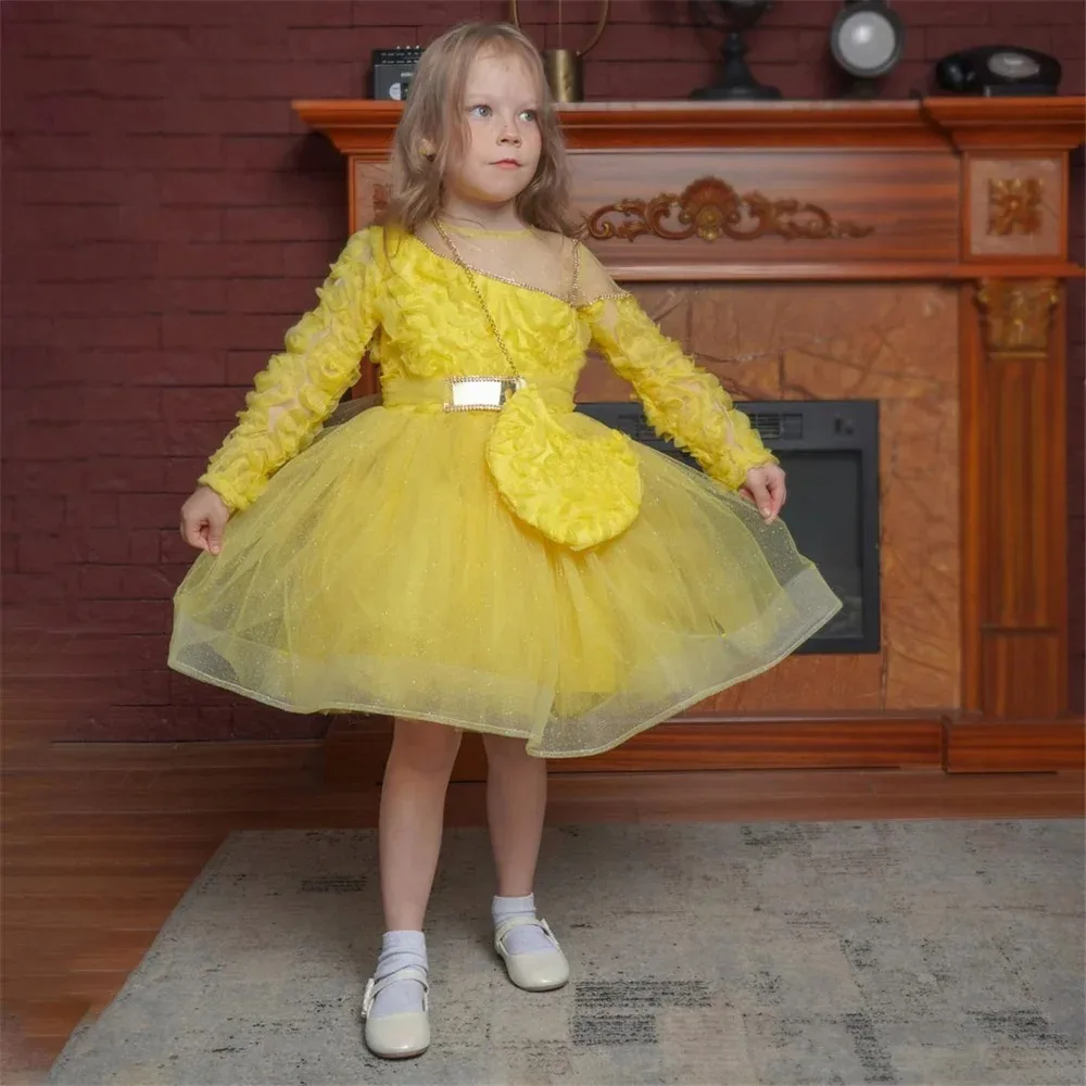 فساتين فتاة الزهور الصفراء لحفلات الزفاف بطول الركبة، فساتين حفلات أعياد الميلاد الجميلة للفتيات الصغيرات، فساتين التواصل المقدس الأولى حسب الطلب #1