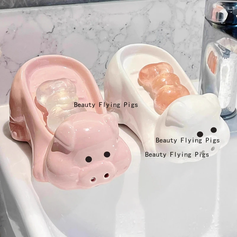 

1pc Ceramic pig soap box bathroom sink creative and cute automatic draining soap box decoration ornament