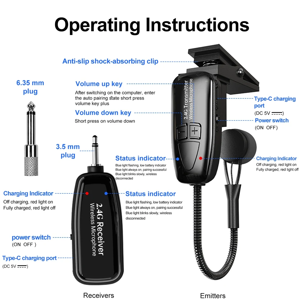 HOES-Saxophone Wireless Microphone System,2.4G Transmitter & Receiver For Wind Instruments,164FT Range,Plug & Play